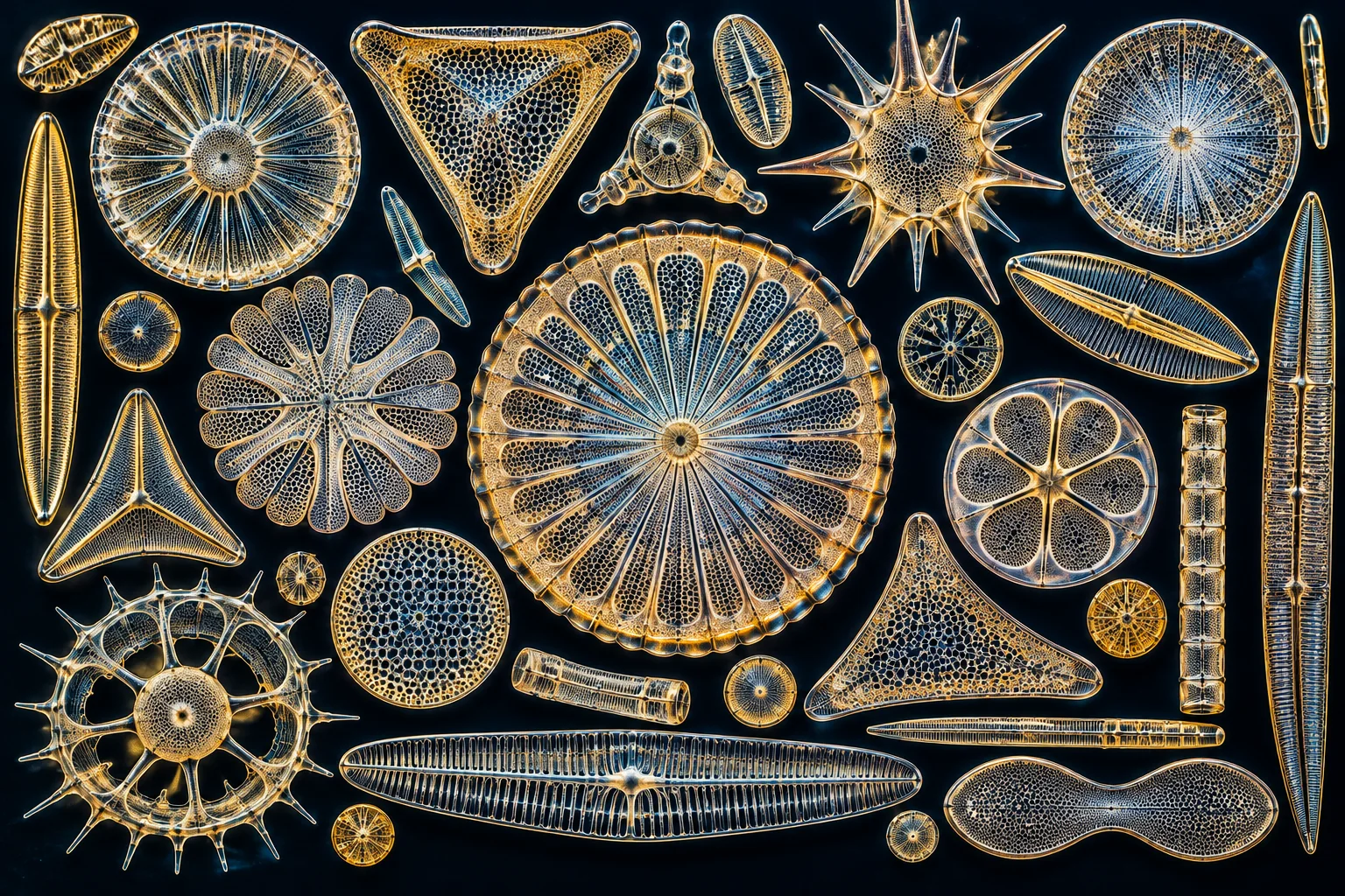 AI illustration inspired by complex diatom patterns; not a photo of a historic specimen