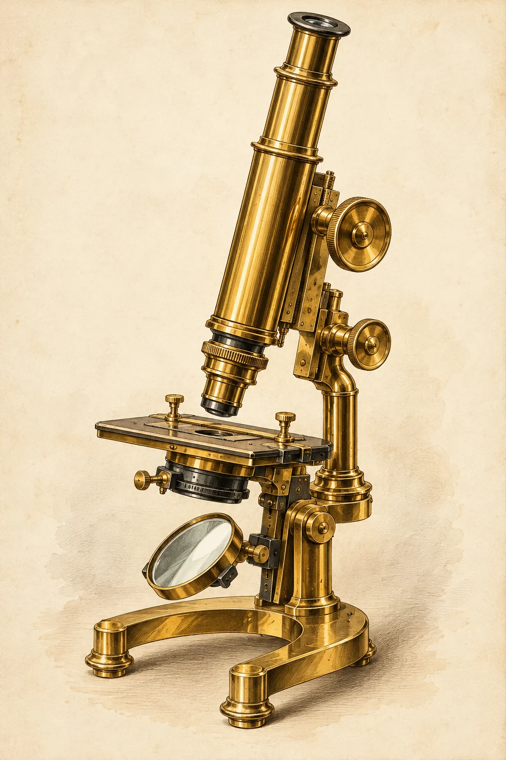 Original illustrated anatomy of a historic microscope