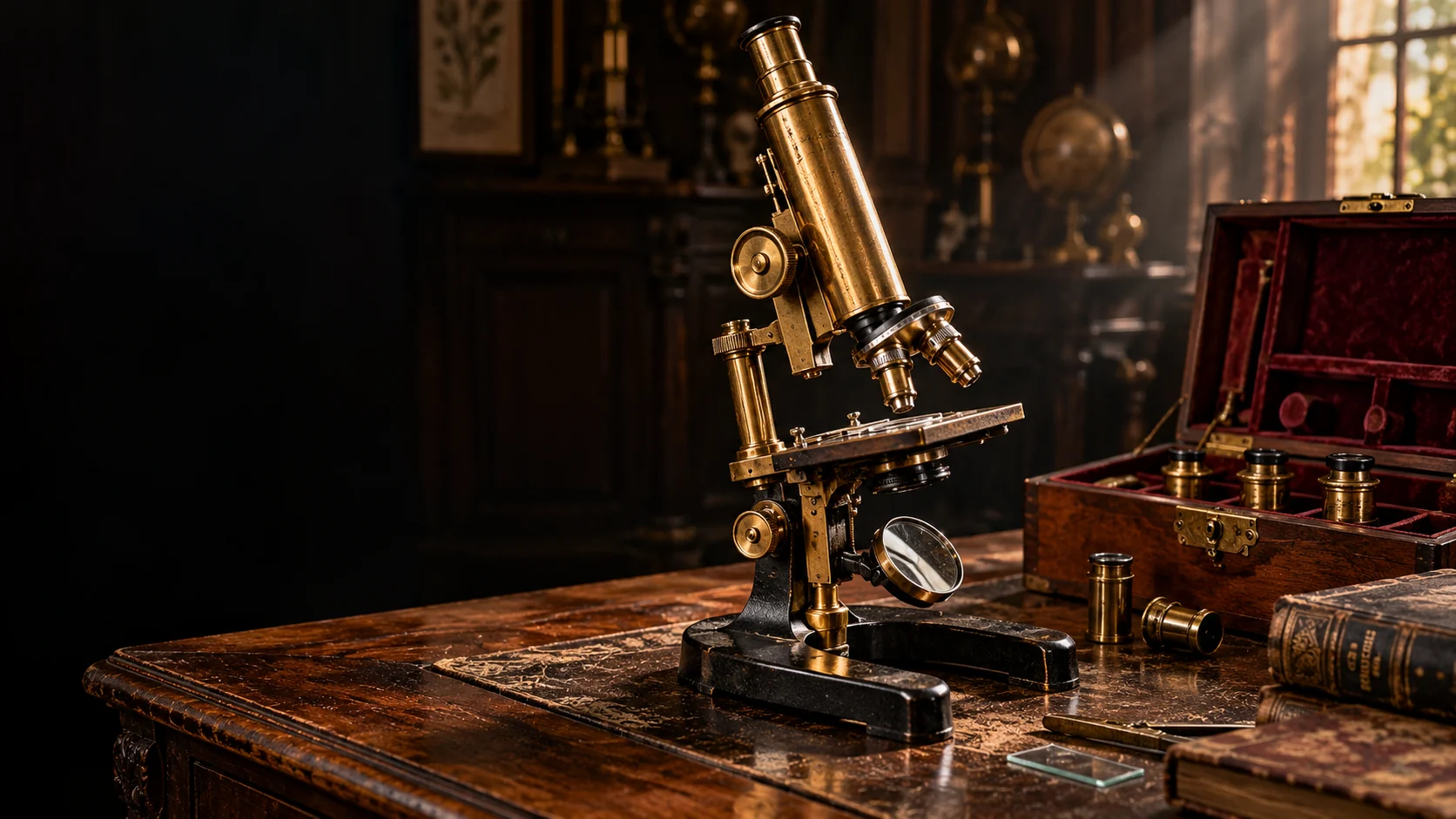 Illustration of a brass microscope in a Victorian scientific study